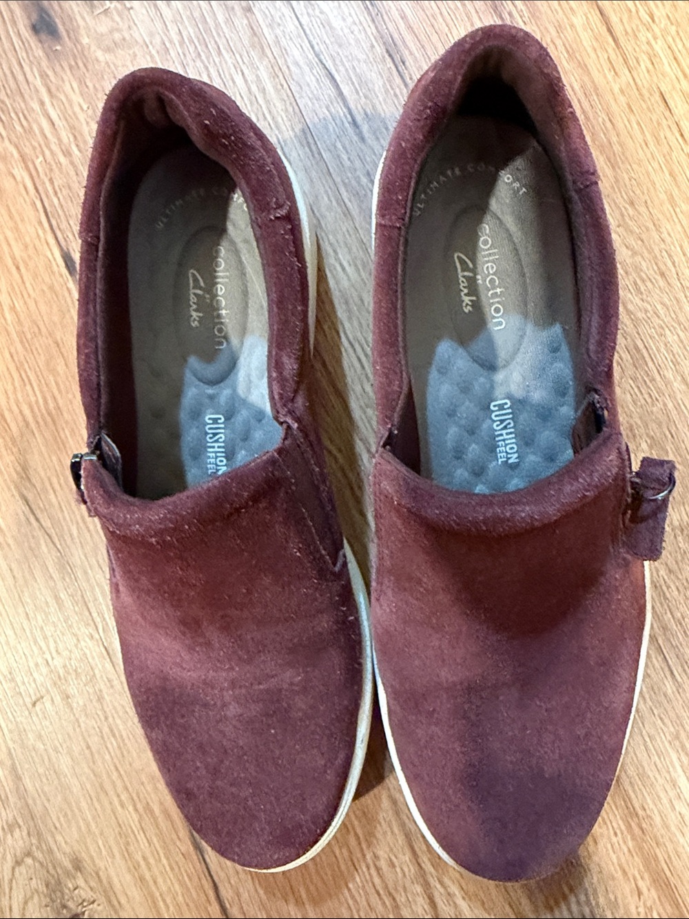 Clarks Women’s Burgundy Suede Slip-On Loafers with White Sole